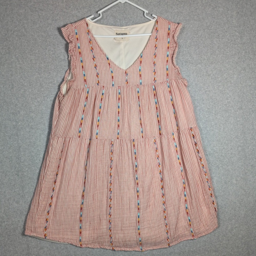 Savanna Jane Top‎ Womens 1X Pink Striped Boho Embroidered Summer Casual *FLAW